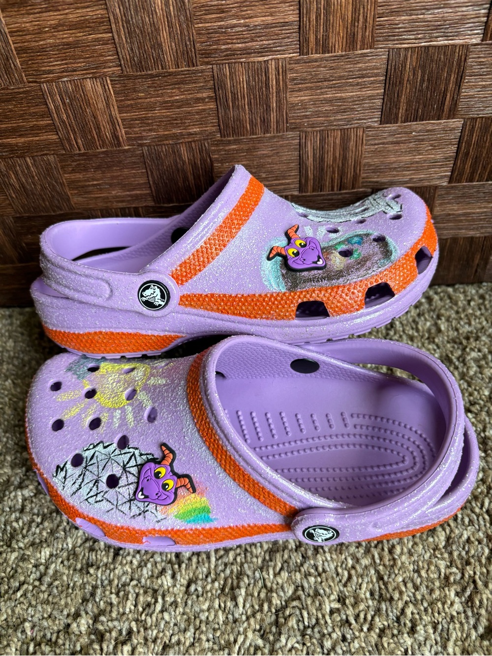 Women’s 6 ONE Of A KIND hand painted crocs Disney figment Epcot, shoes